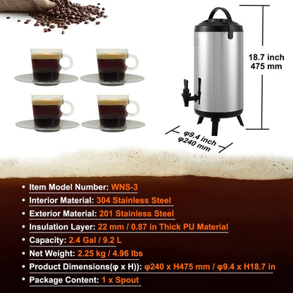 VEVOR Stainless Steel Insulated Beverage Dispenser, 9.2 Liter, Thermal Hot and Cold Drink Server Dispenser with Spigot Handle, Food-grade for Hot Tea Coffee Water Restaurant Drink Shop - Mekamart Australia