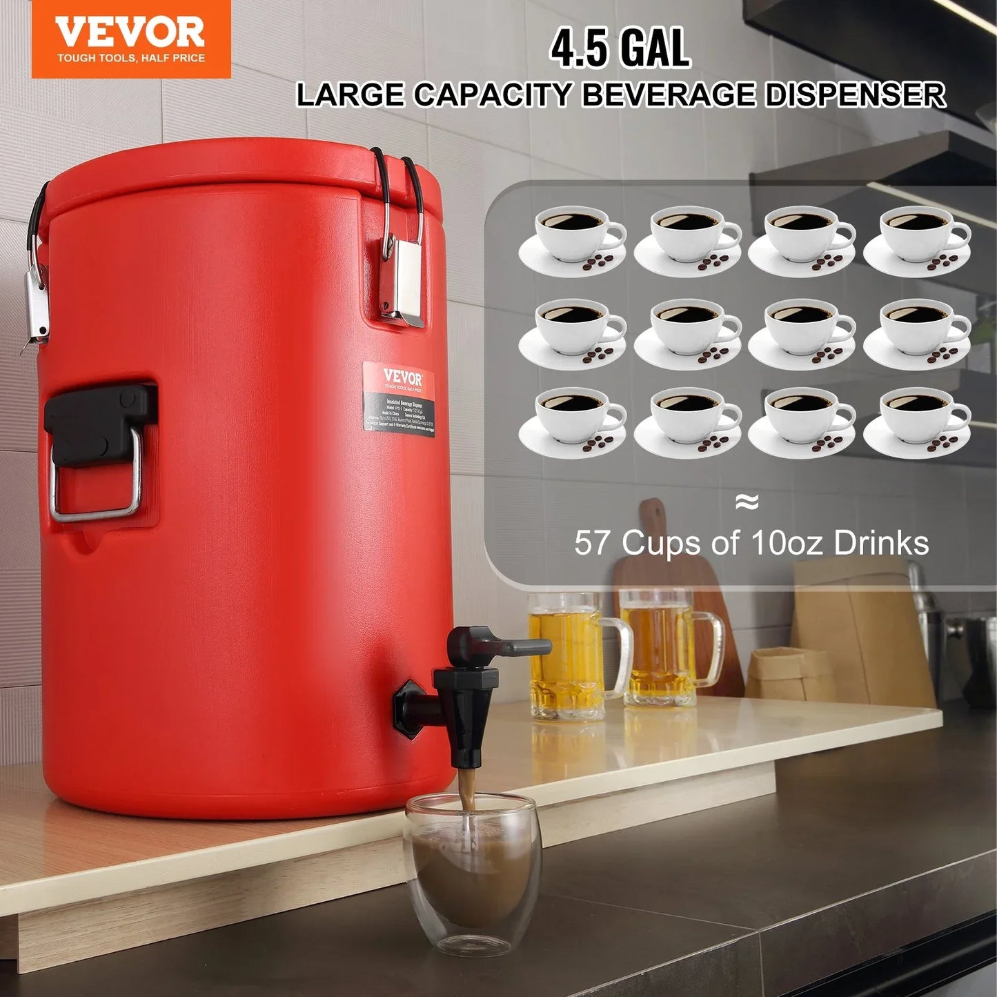 VEVOR Stainless Steel Insulated Beverage Dispenser, 17.2 Liter, Thermal Hot and Cold Drink Server Dispenser with Spigot Handle, Food-grade for Hot Tea Coffee Water Restaurant Drink Shop - Mekamart Australia