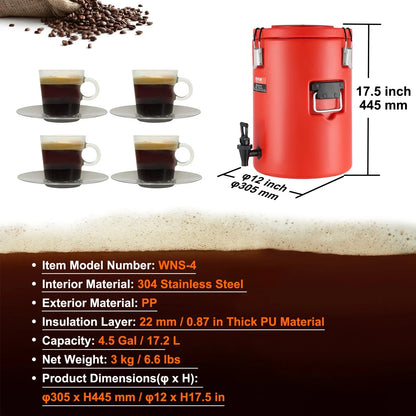 VEVOR Stainless Steel Insulated Beverage Dispenser, 17.2 Liter, Thermal Hot and Cold Drink Server Dispenser with Spigot Handle, Food-grade for Hot Tea Coffee Water Restaurant Drink Shop - Mekamart Australia