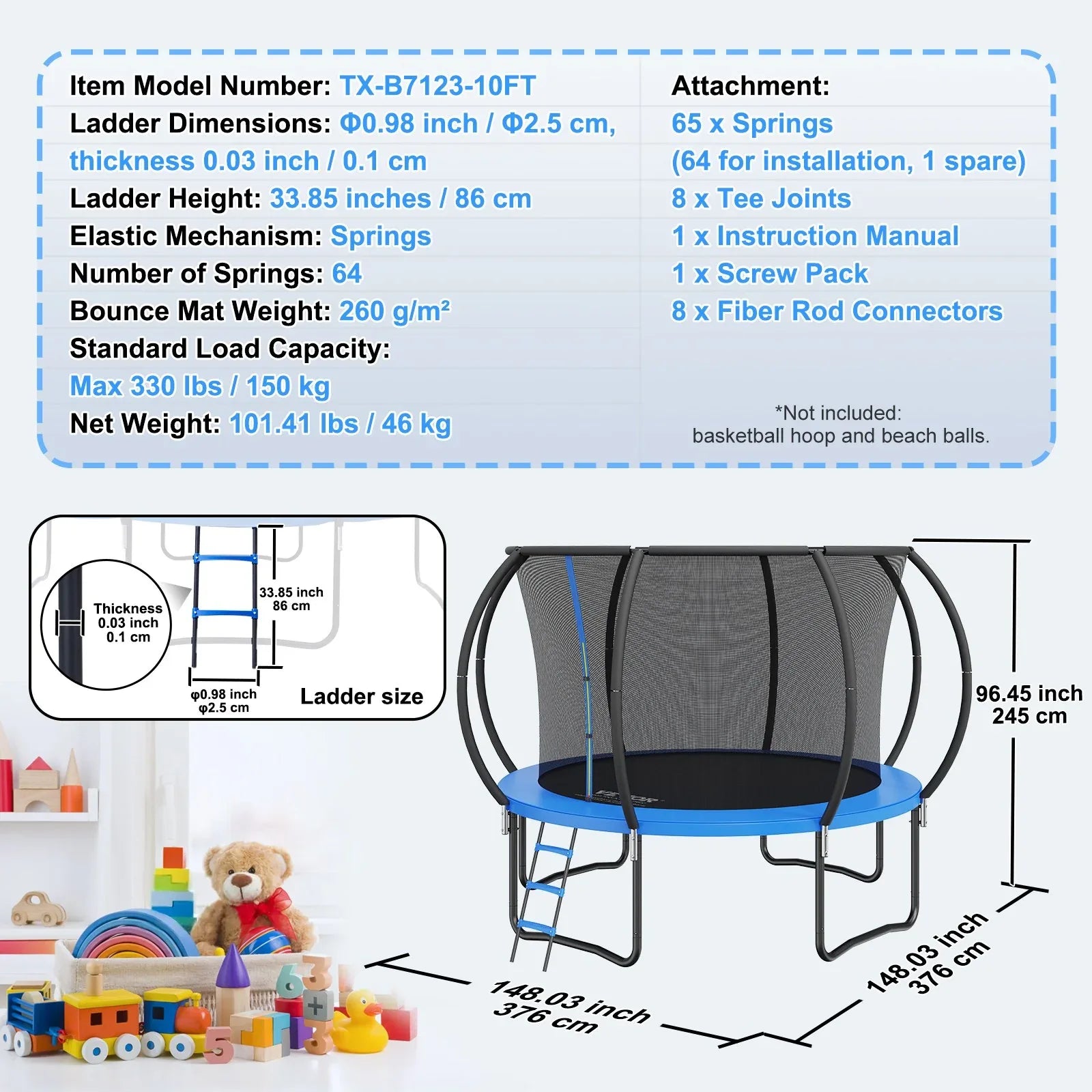 VEVOR 10FT Trampoline, 330 lbs Trampoline with Enclosure Net, Ladder, and Curved Pole, Heavy Duty Trampoline with Jumping Mat and Spring Cover Padding, Outdoor Recreational Trampolines for Kids Adults - Mekamart Australia