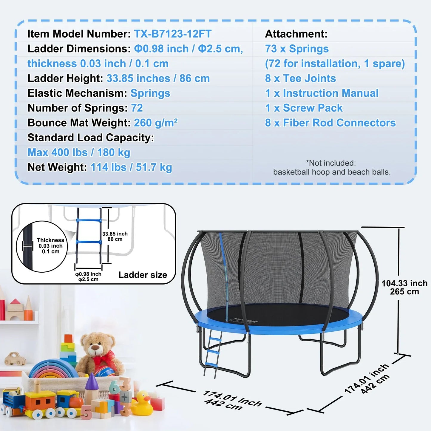 VEVOR 3.66m Trampoline, 181 kg Trampoline with Enclosure Net, Ladder, and Curved Pole, Heavy Duty Trampoline with Jumping Mat and Spring Cover Padding, Outdoor Recreational Trampolines for Kids Adults - Mekamart Australia