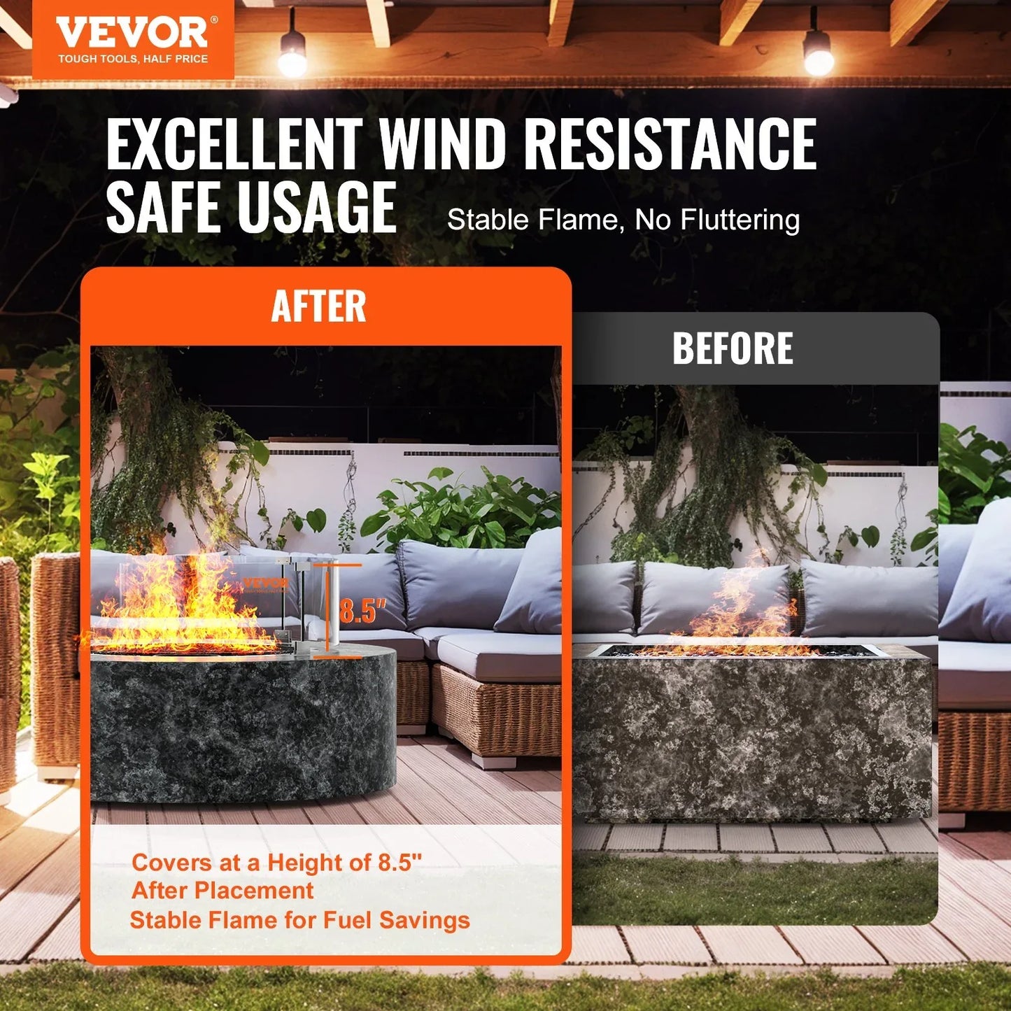 VEVOR Fire Pit Wind Guard, 26 x 26 x 6 Inch Glass Flame Guard, Round Glass Shield, 1/4-Inch Thick Fire Table, Clear Tempered Glass Flame Guard, Steady Feet Tree Pit Guard for Propane, Gas, Outdoor - Mekamart Australia