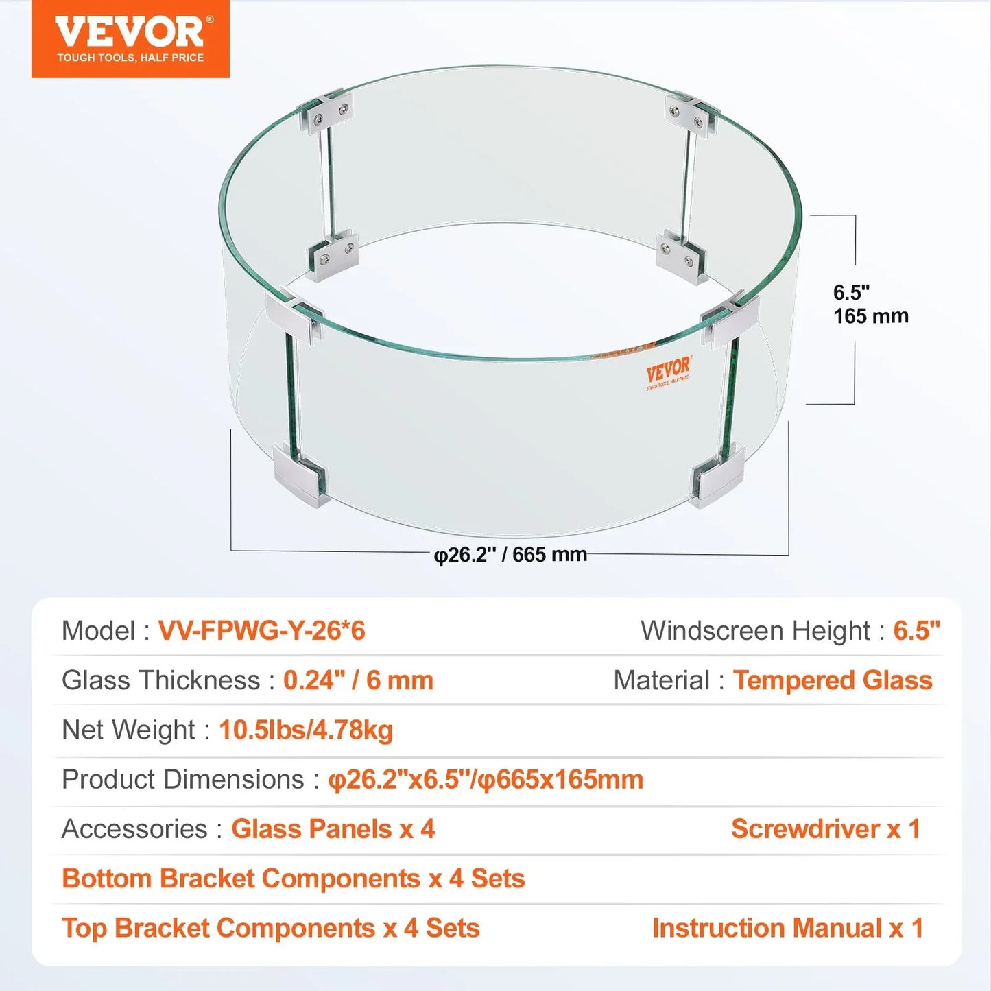 VEVOR Fire Pit Wind Guard, 26 x 26 x 6 Inch Glass Flame Guard, Round Glass Shield, 1/4-Inch Thick Fire Table, Clear Tempered Glass Flame Guard, Steady Feet Tree Pit Guard for Propane, Gas, Outdoor - Mekamart Australia