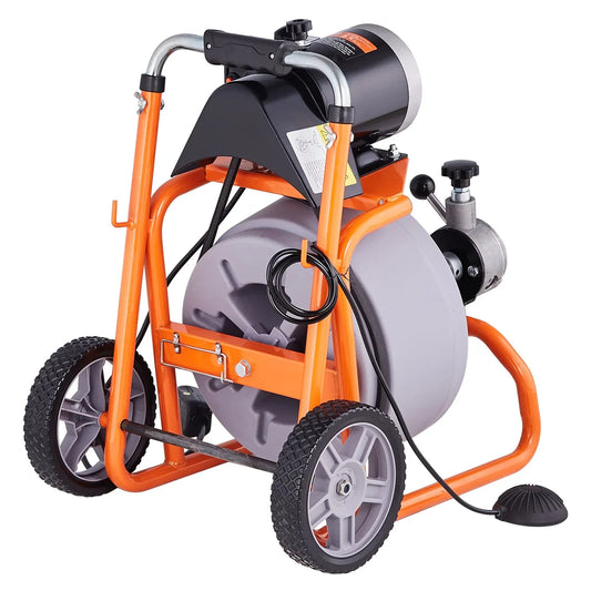 VEVOR Drain Cleaner Machine 100FT x 3/8 Inch, Auto Feed Sewer Snake Drain Auger on Wheels, Portable Drain Cleaning Machine with 8 Cutters & Air-activated Foot Switch for 2" to 4" Pipes - Mekamart Australia
