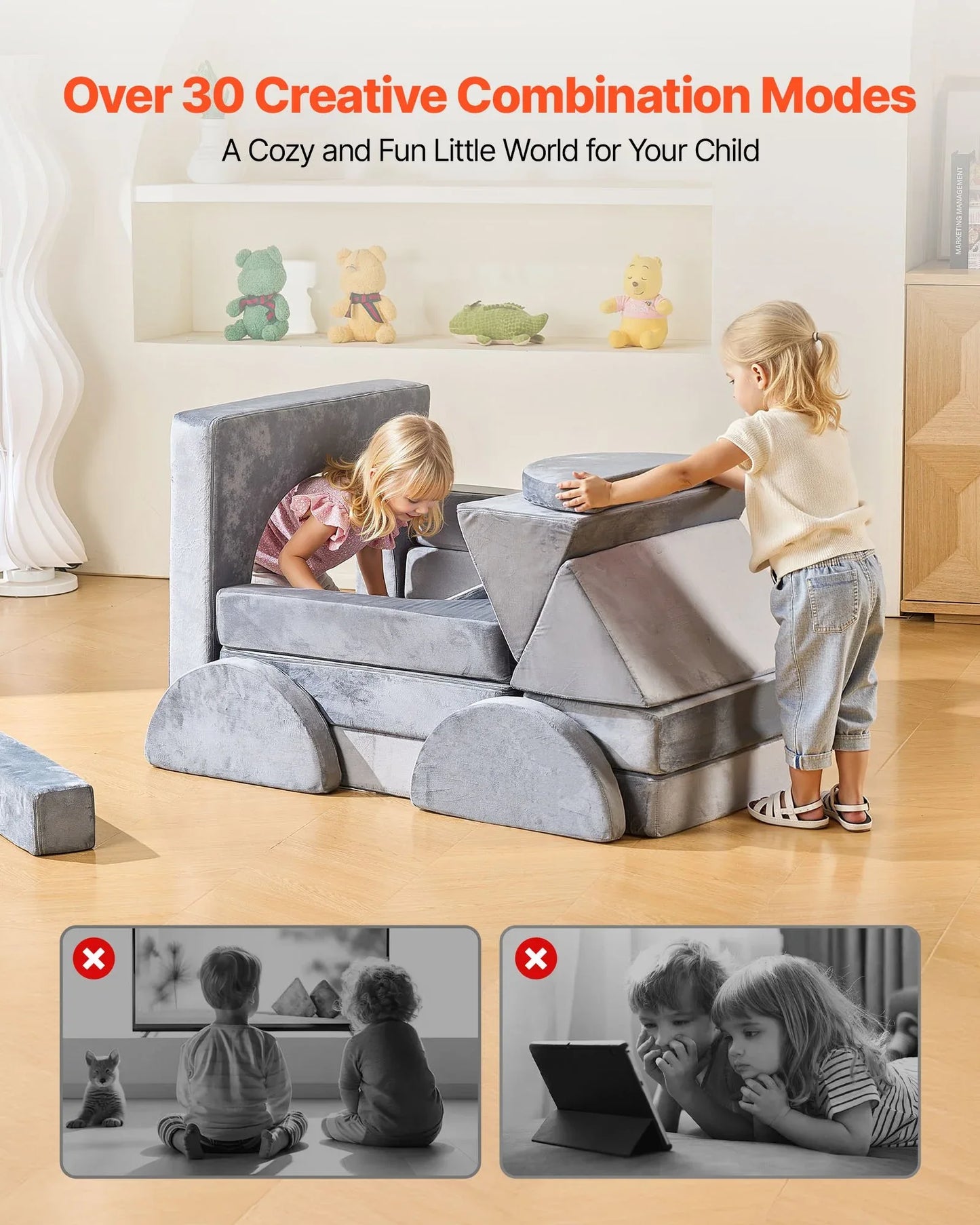 VEVOR Modular Kids Play Couch, Sectional Toddler Sofa with Armrests, 28D Sponge & Short Pile, Convertible Kids Modular Couch DIY Creative Combination for Playroom, Bedroom, Living Room, 14 Pcs, Gray - Mekamart Australia