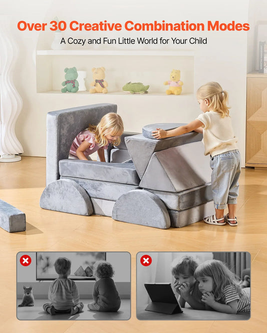 VEVOR Modular Kids Play Couch, Sectional Toddler Sofa with Armrests, 28D Sponge & Short Pile, Convertible Kids Modular Couch DIY Creative Combination for Playroom, Bedroom, Living Room, 14 Pcs, Gray - Mekamart Australia