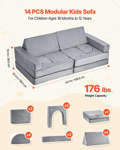 VEVOR Modular Kids Play Couch, Sectional Toddler Sofa with Armrests, 28D Sponge & Short Pile, Convertible Kids Modular Couch DIY Creative Combination for Playroom, Bedroom, Living Room, 14 Pcs, Gray - Mekamart Australia
