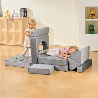 VEVOR Modular Kids Play Couch, Sectional Toddler Sofa with Armrests, 28D Sponge & Short Pile, Convertible Kids Modular Couch DIY Creative Combination for Playroom, Bedroom, Living Room, 14 Pcs, Gray - Mekamart Australia