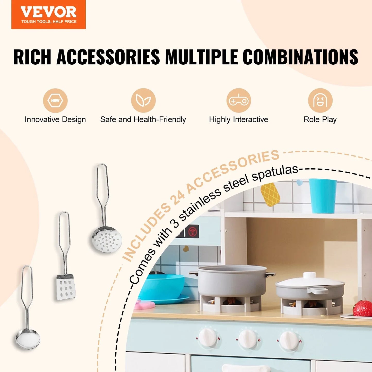 VEVOR Kitchen Playset Kids Pretend Cooking Play Toy 24 Piece Accessories White - Mekamart Australia