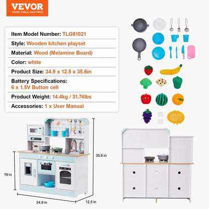 VEVOR Kitchen Playset Kids Pretend Cooking Play Toy 24 Piece Accessories White - Mekamart Australia
