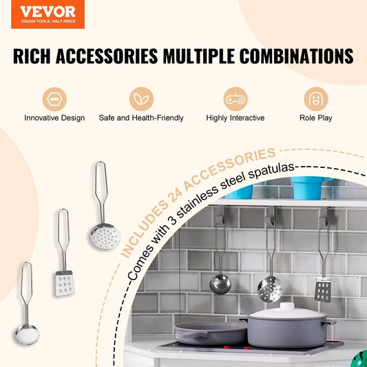 VEVOR Kitchen Playset Kids Pretend Cooking Play Toy 24 Piece Accessories White - Mekamart Australia