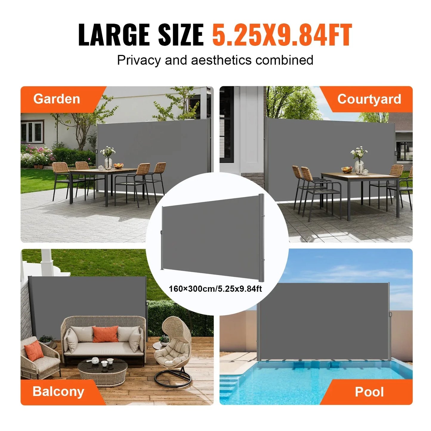 VEVOR Retractable Side Awning, 160X300m Aluminum Outdoor Privacy Screen, 280g Polyester Water-proof Retractable Patio Screen, UV 30+ Room Divider Wind Screen for Patio, Backyard, Balcony, Gray - Mekamart Australia