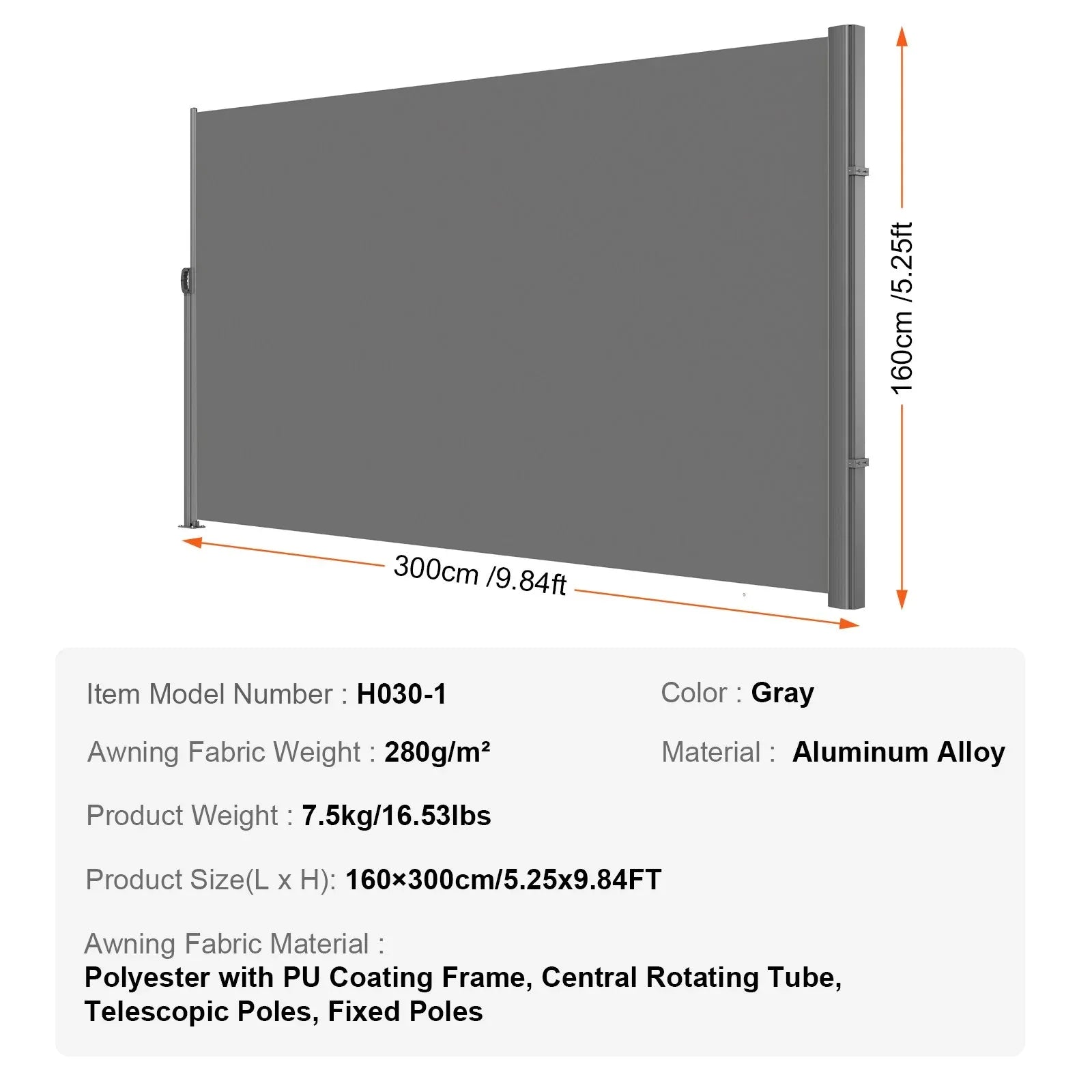 VEVOR Retractable Side Awning, 160X300m Aluminum Outdoor Privacy Screen, 280g Polyester Water-proof Retractable Patio Screen, UV 30+ Room Divider Wind Screen for Patio, Backyard, Balcony, Gray - Mekamart Australia