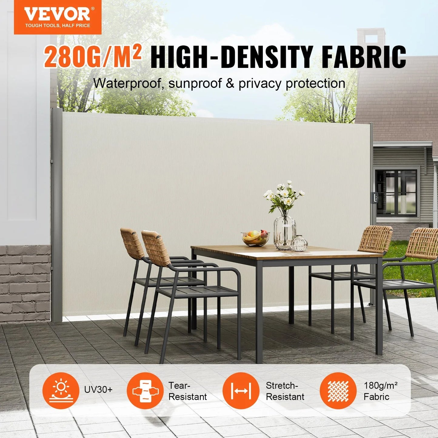 VEVOR Retractable Side Awning,160X300cm Aluminum Outdoor Privacy Screen, 280g Polyester Water-proof Retractable Patio Screen, UV 30+ Room Divider Wind Screen for Patio, Backyard, Balcony, Beige - Mekamart Australia