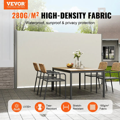 VEVOR Retractable Side Awning,160X300cm Aluminum Outdoor Privacy Screen, 280g Polyester Water-proof Retractable Patio Screen, UV 30+ Room Divider Wind Screen for Patio, Backyard, Balcony, Beige - Mekamart Australia