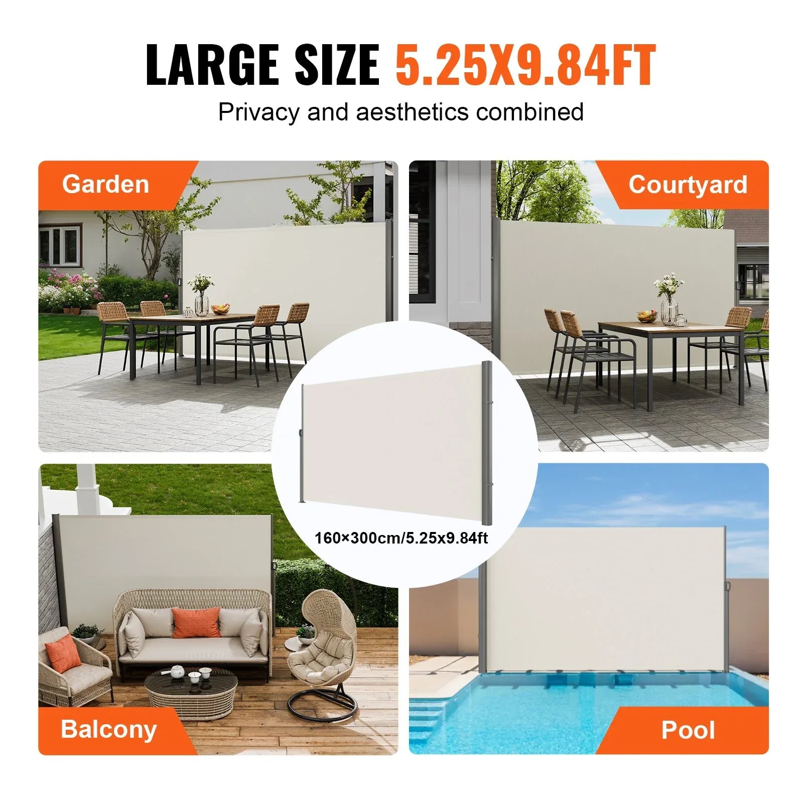 VEVOR Retractable Side Awning,160X300cm Aluminum Outdoor Privacy Screen, 280g Polyester Water-proof Retractable Patio Screen, UV 30+ Room Divider Wind Screen for Patio, Backyard, Balcony, Beige - Mekamart Australia
