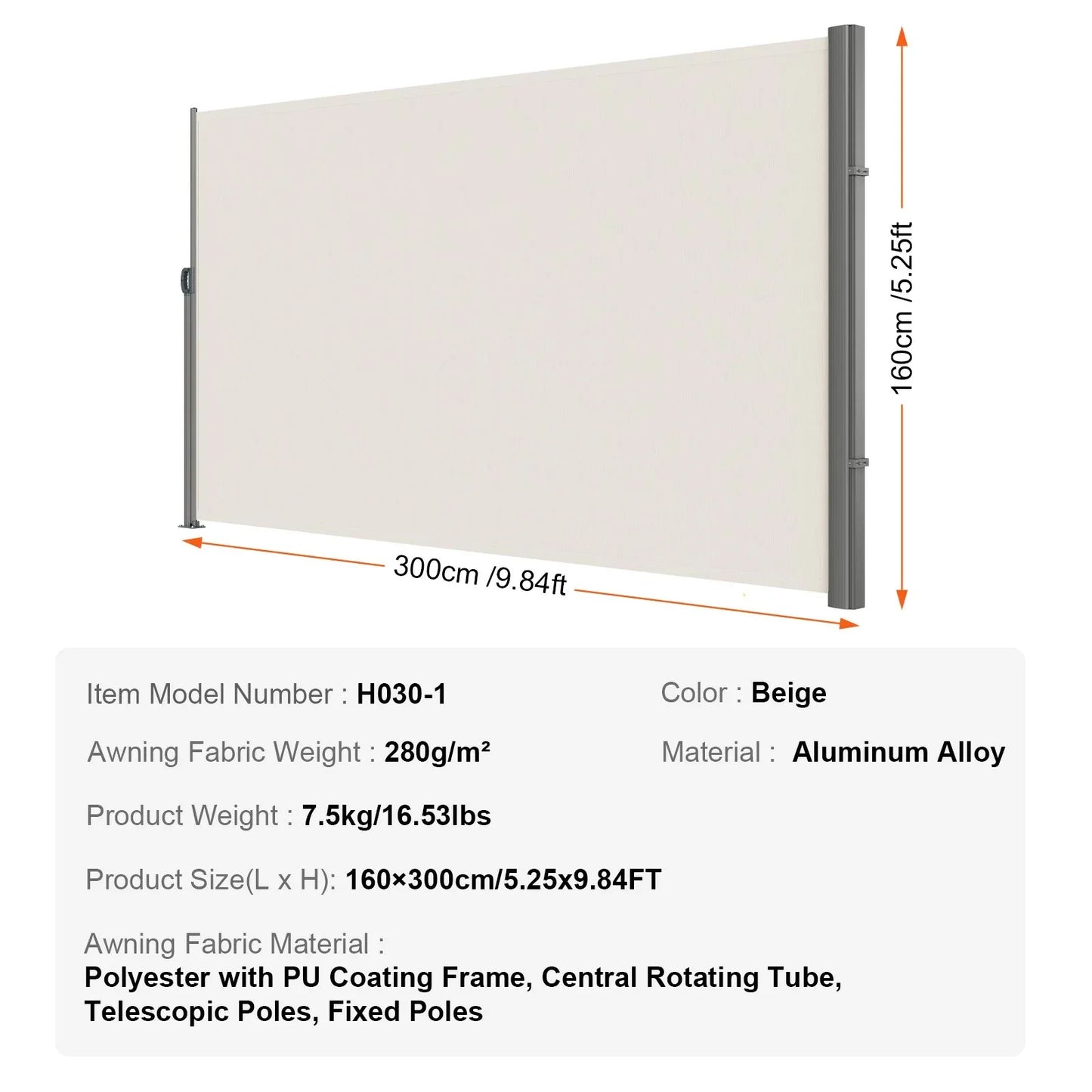 VEVOR Retractable Side Awning,160X300cm Aluminum Outdoor Privacy Screen, 280g Polyester Water-proof Retractable Patio Screen, UV 30+ Room Divider Wind Screen for Patio, Backyard, Balcony, Beige - Mekamart Australia