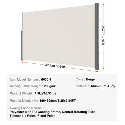 VEVOR Retractable Side Awning,160X300cm Aluminum Outdoor Privacy Screen, 280g Polyester Water-proof Retractable Patio Screen, UV 30+ Room Divider Wind Screen for Patio, Backyard, Balcony, Beige - Mekamart Australia
