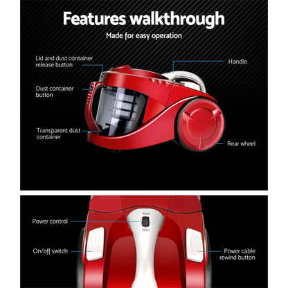Devanti 2200W Bagless Vacuum Cleaner Red - Mekamart Australia