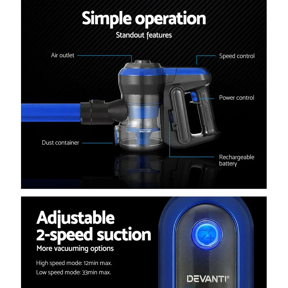Devanti Stick Vacuum Cleaner Brushless Cordless 250W Blue - Mekamart Australia