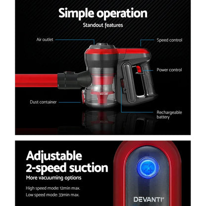 Devanti Stick Vacuum Cleaner Brushless Cordless 250W Red - Mekamart Australia