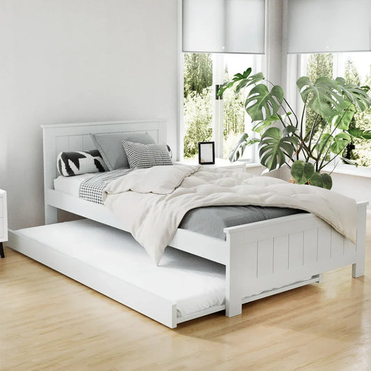 Artiss Bed Frame King Single Size Wooden Trundle Daybed White ELVIS - Mekamart Australia