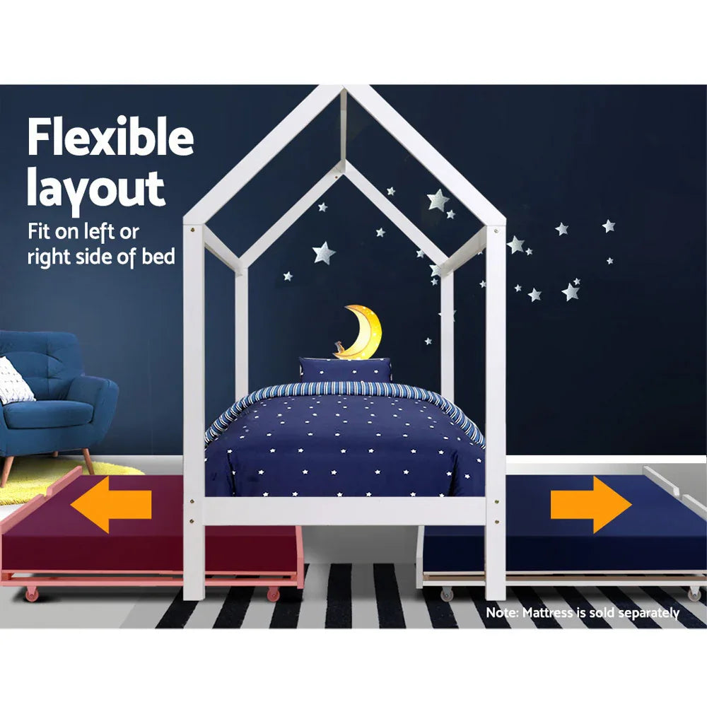 Artiss Bed Frame Wooden Trundle Daybed Kids House Frame White HOLY - Mekamart Australia