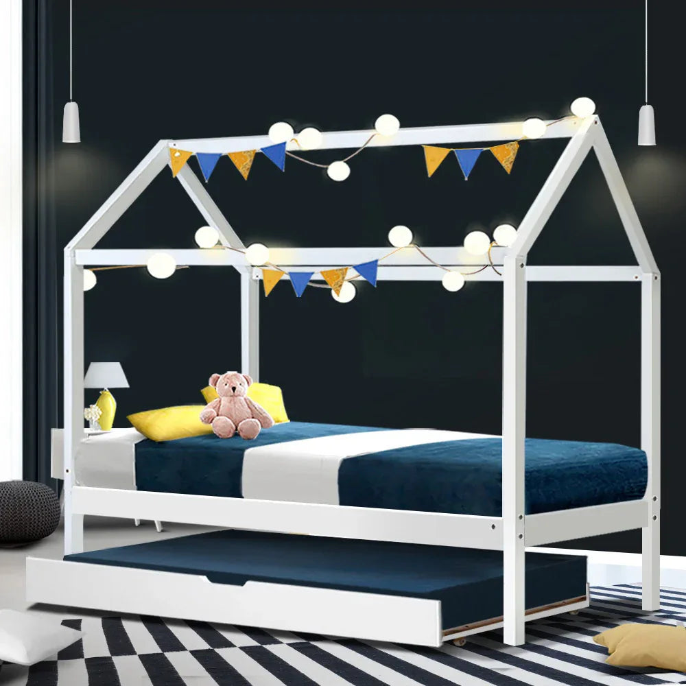 Artiss Bed Frame Wooden Trundle Daybed Kids House Frame White HOLY - Mekamart Australia