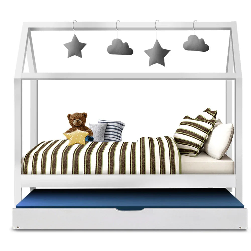 Artiss Bed Frame Wooden Trundle Daybed Kids House Frame White HOLY - Mekamart Australia
