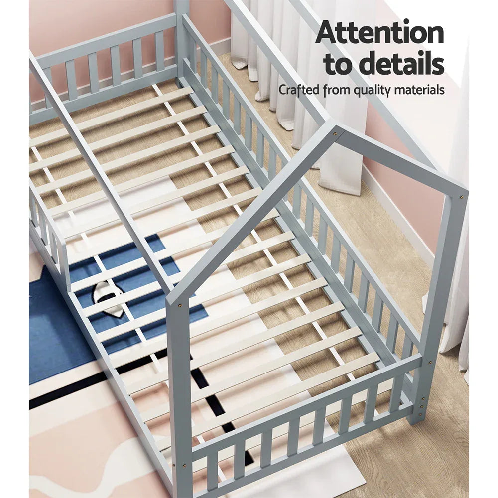 Artiss Bed Frame Wooden Kids House Frame Grey ROCK - Mekamart Australia