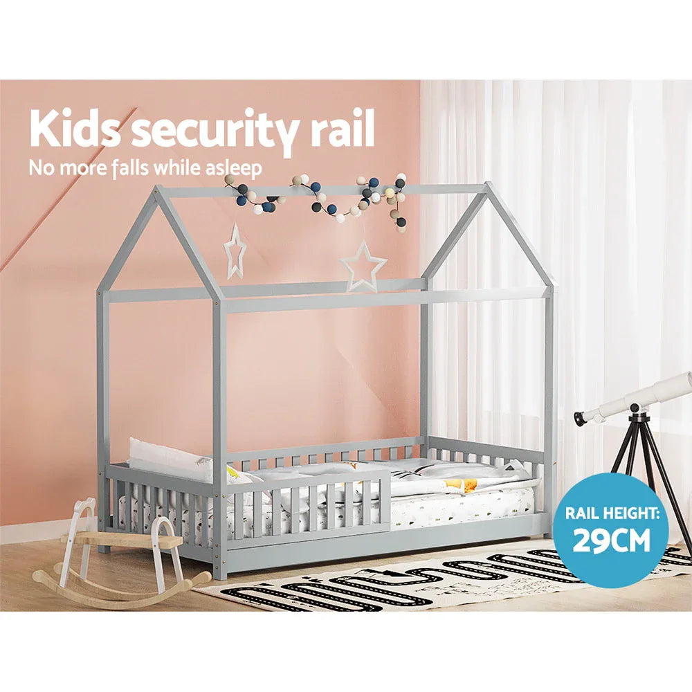 Artiss Bed Frame Wooden Kids House Frame Grey ROCK - Mekamart Australia