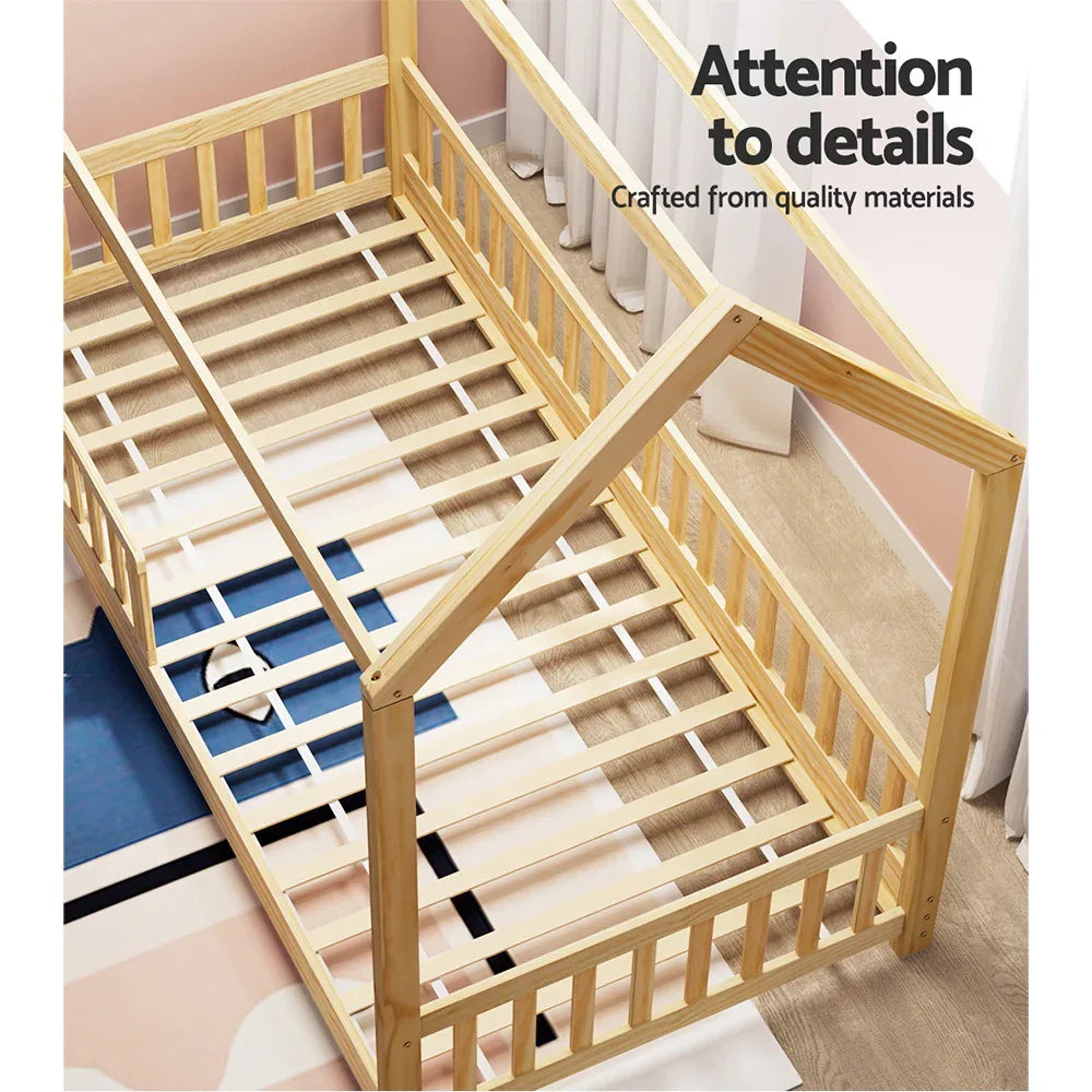 Artiss Bed Frame Wooden Kids House Frame Oak ROCK - Mekamart Australia