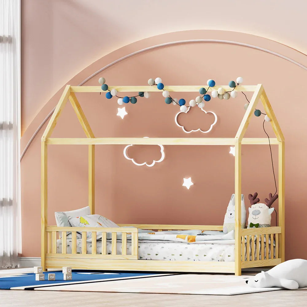 Artiss Bed Frame Wooden Kids House Frame Oak ROCK - Mekamart Australia