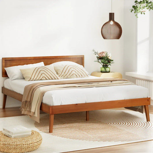 Artiss Bed Frame Queen Size Wooden Bed Base Walnut SPLAY - Mekamart Australia