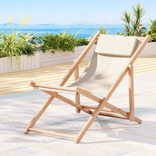 Gardeon Outdoor Deck Chair Wooden Sun Lounge Folding Beach Patio Furniture Beige - Mekamart Australia